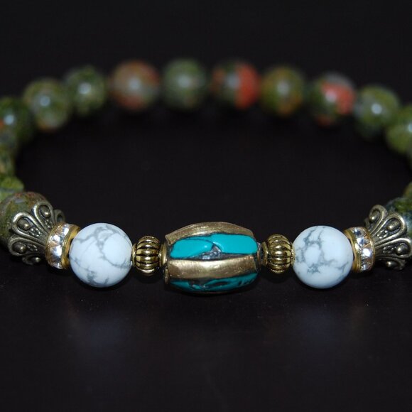 Unakite Stone Bracelet,Indian Bronze Charm,8mm Unakite Stone Beads - Picture 2 of 2